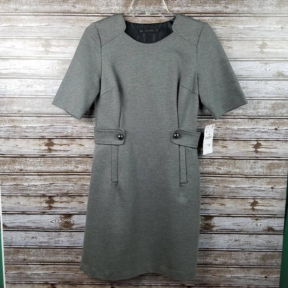 NWT Zara Basic gray button tab waist dress pockets